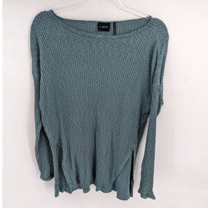 Out From Under Medium Ribbed Long Sleeve Slit Side Blue Women's Top